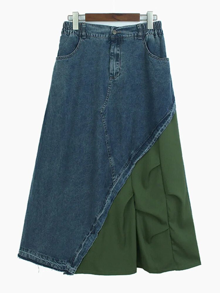 Dual Fabric Spliced Denim Skirt