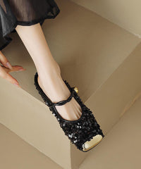 Fashion Black Sequins Buckle Strap Splicing Slide Sandals
