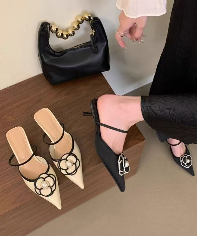 French Black Floral Splicing Slide Sandals Pointed Toe