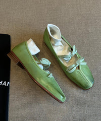Fine Bow Splicing Comfy Flats Green Sheepskin