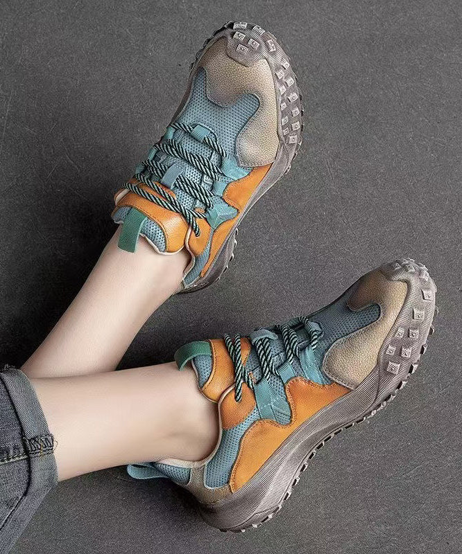 Blue Flat Shoes Platform Cowhide Leather Casual Splicing Lace Up