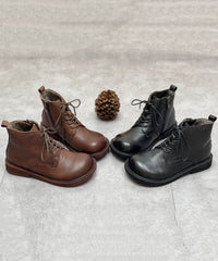 Coffee Boots Cowhide Leather Warm Fleece Beautiful Lace Up Boots
