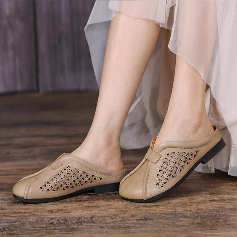 Women Hollow Leather Casual Slippers