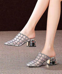 Black Tulle Zircon Splicing Stylish Chunky Slide Sandals