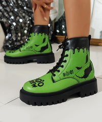 Green Lace Up Ankle Boots Chunky Faux Leather Splicing