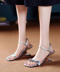 Elegant Silver Wedge Sandals Black Faux Leather Peep Toe