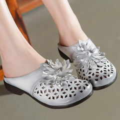 Women Hollow Leather Floral Casual Slippers