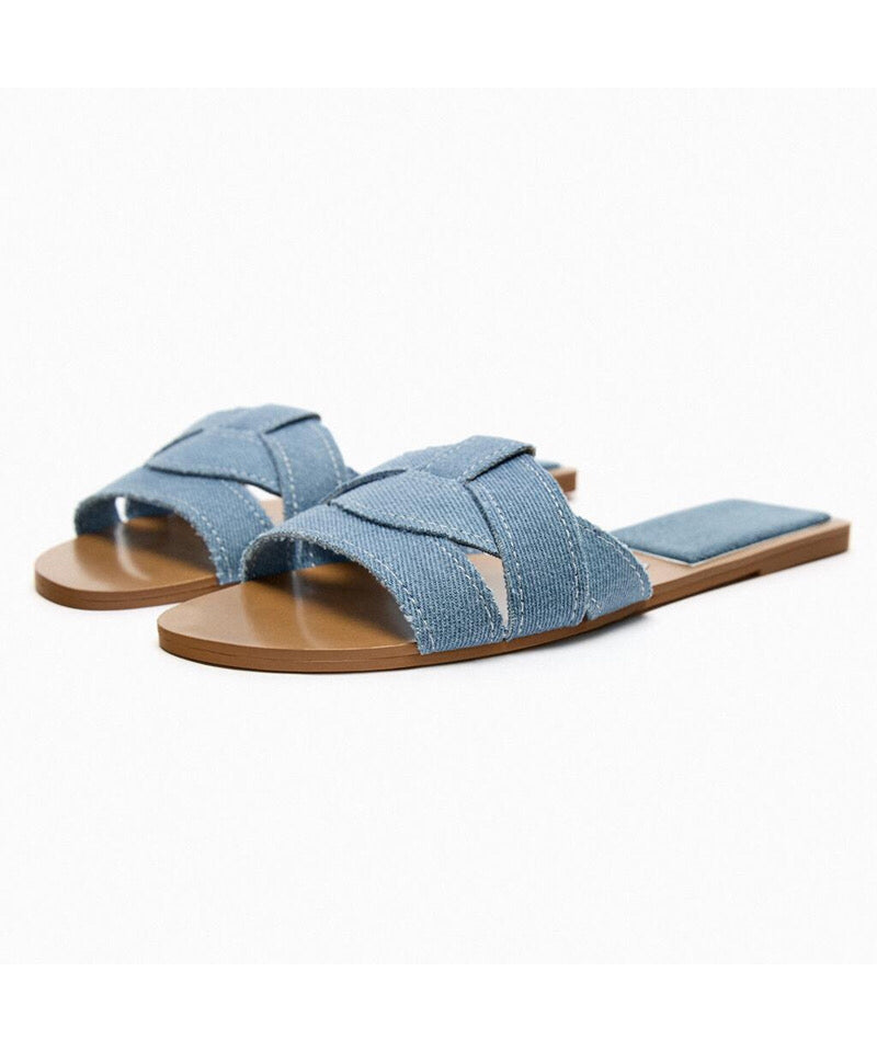 Casual Denim Blue Cross Strap Flat Slippers Peep Toe Toes Summer 2025