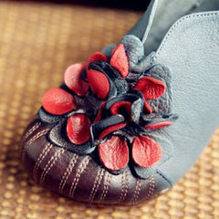 Cozy Flowers Leather Handmade Chunky Heels Comfy Shoes