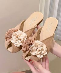 New Khaki Suede Floral Splicing Slide Sandals