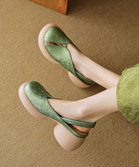 Comfy Splicing Chunky Sandals Green Cowhide Leather Hollow Out