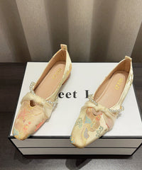 Boutique Retro Splicing Flat Shoes Yellow Satin Embroidered