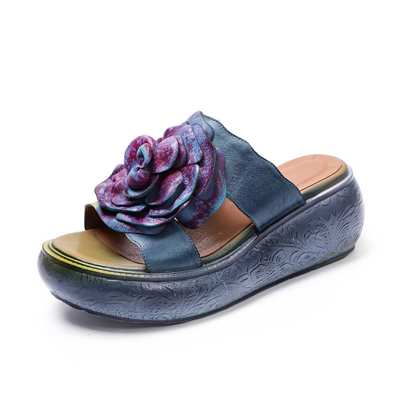 Women Vintage Leather Floral Platform Slippers