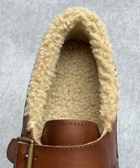 Coffee Flat Shoes For Women Cowhide Leather Casual Fuzzy Wool Lined Flat Shoes For Women