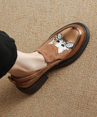 Brown Cats Embroidered Suede Splicing Chunky Loafer Shoes