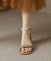 Classy Beads Splicing Chunky Sandals Apricot Cowhide Leather Peep Toe