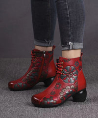 Black Boots Chunky Cowhide Leather Women Embossed Splicing