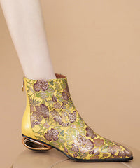 Comfortable Yellow Print Splicing Genuine Leather Chunky Ankle Boots