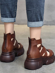 Urban Solid Color Hollow Out Leather Weave Fish Mouth Sandals Platform Shoes
