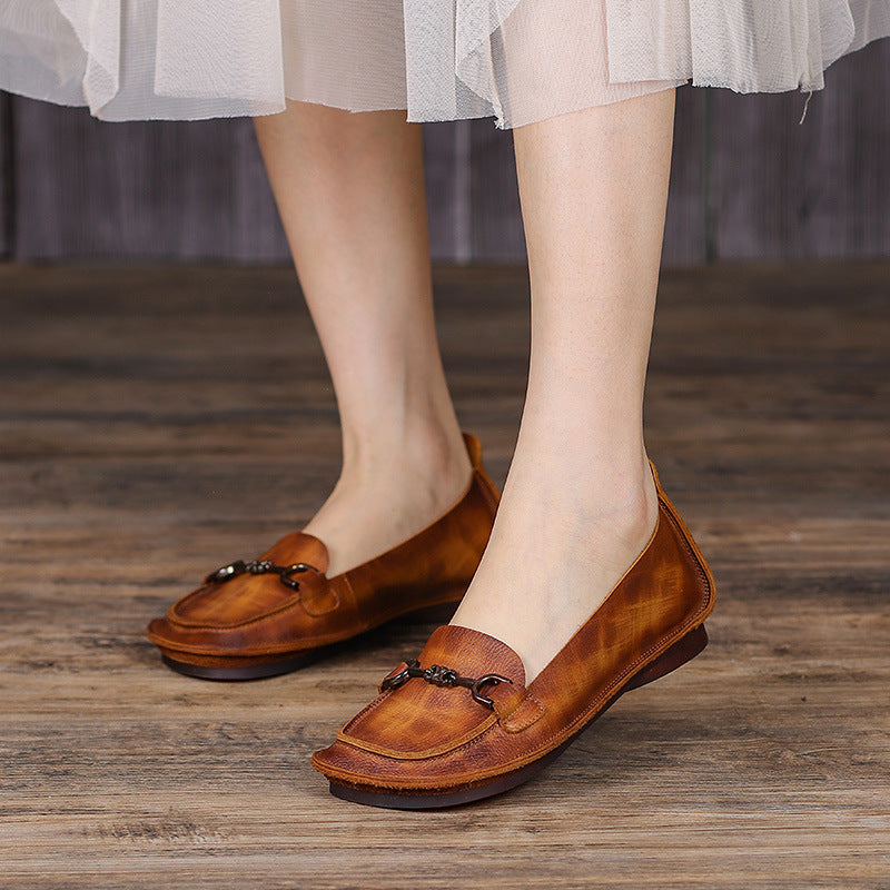 Women Summer Retro Leather Flat Casual Shoes