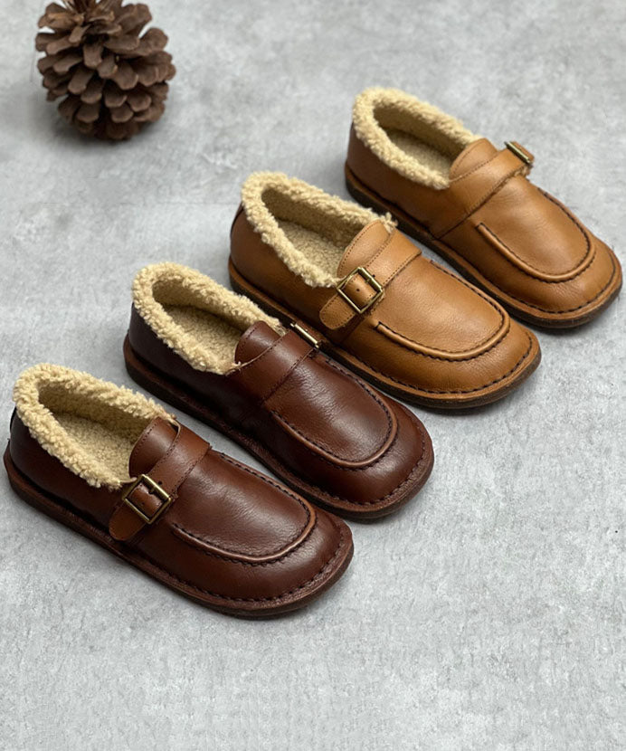 Coffee Flat Shoes For Women Cowhide Leather Casual Fuzzy Wool Lined Flat Shoes For Women