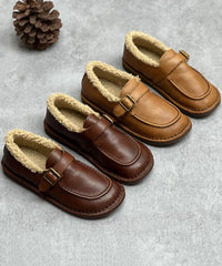 Coffee Flat Shoes For Women Cowhide Leather Casual Fuzzy Wool Lined Flat Shoes For Women