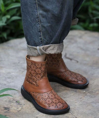 Brown Boots Cowhide Leather Casual Hollow Out Splicing