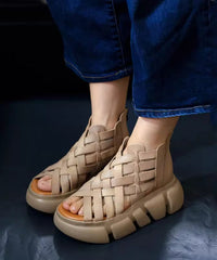 Cowhide Leather Splicing Green Hollow Out Sandals Peep Toe