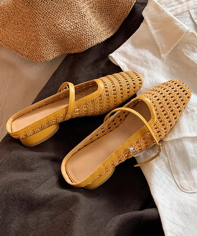 Fashion Splicing Chunky Yellow Faux Leather Hollow Out Slide Sandals
