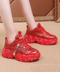 Red Platform Shoes Cowhide Leather Women Splicing Lace Up