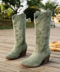 New Purple Embossed Zippered Boots Chunky Suede Pointed Toe Boots