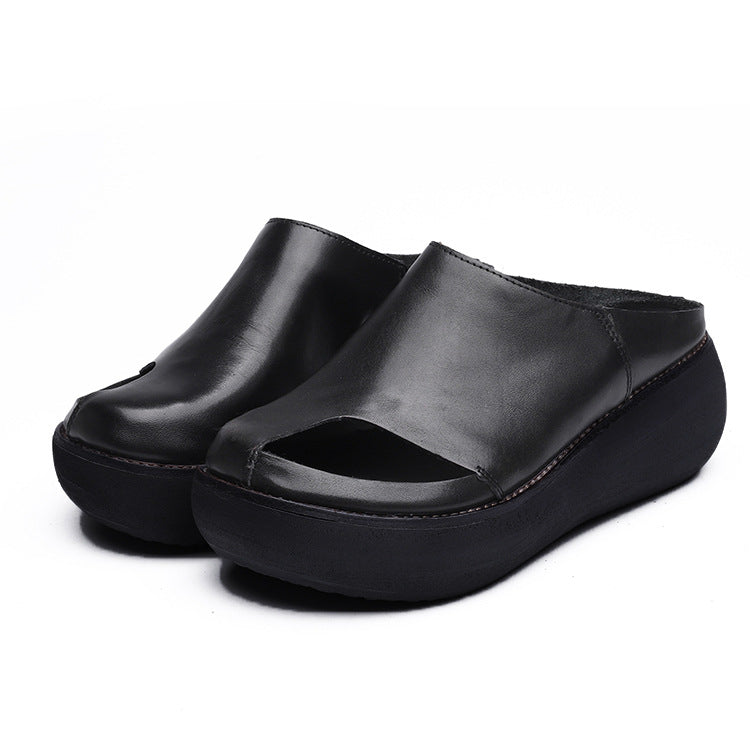 Retro Women Leather Wedge Slippers