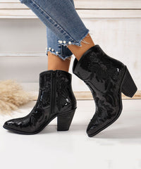Chic Black Embossed Sequins Cotton Fabric Chunky Ankle Boots