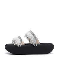 Black Tassel Splicing Platform Slide Sandals Peep Toe