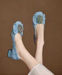 French Black Bow Zircon Splicing Chunky Heel Shoes Suede