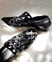 Fashion Black Cowhide Leather Hollow Out Loafer Shoes Splicing
