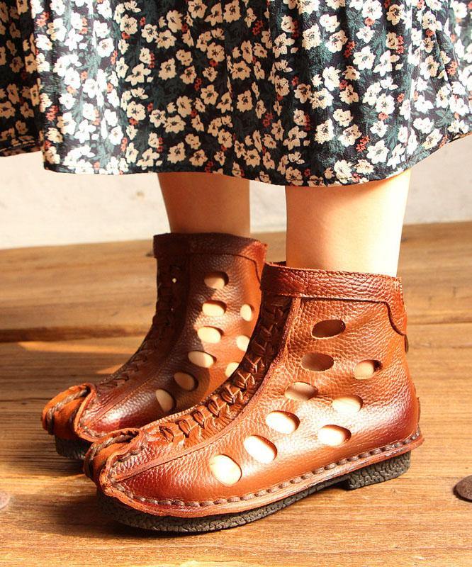 Casual Hollow Out Boots Brown Cowhide Leather