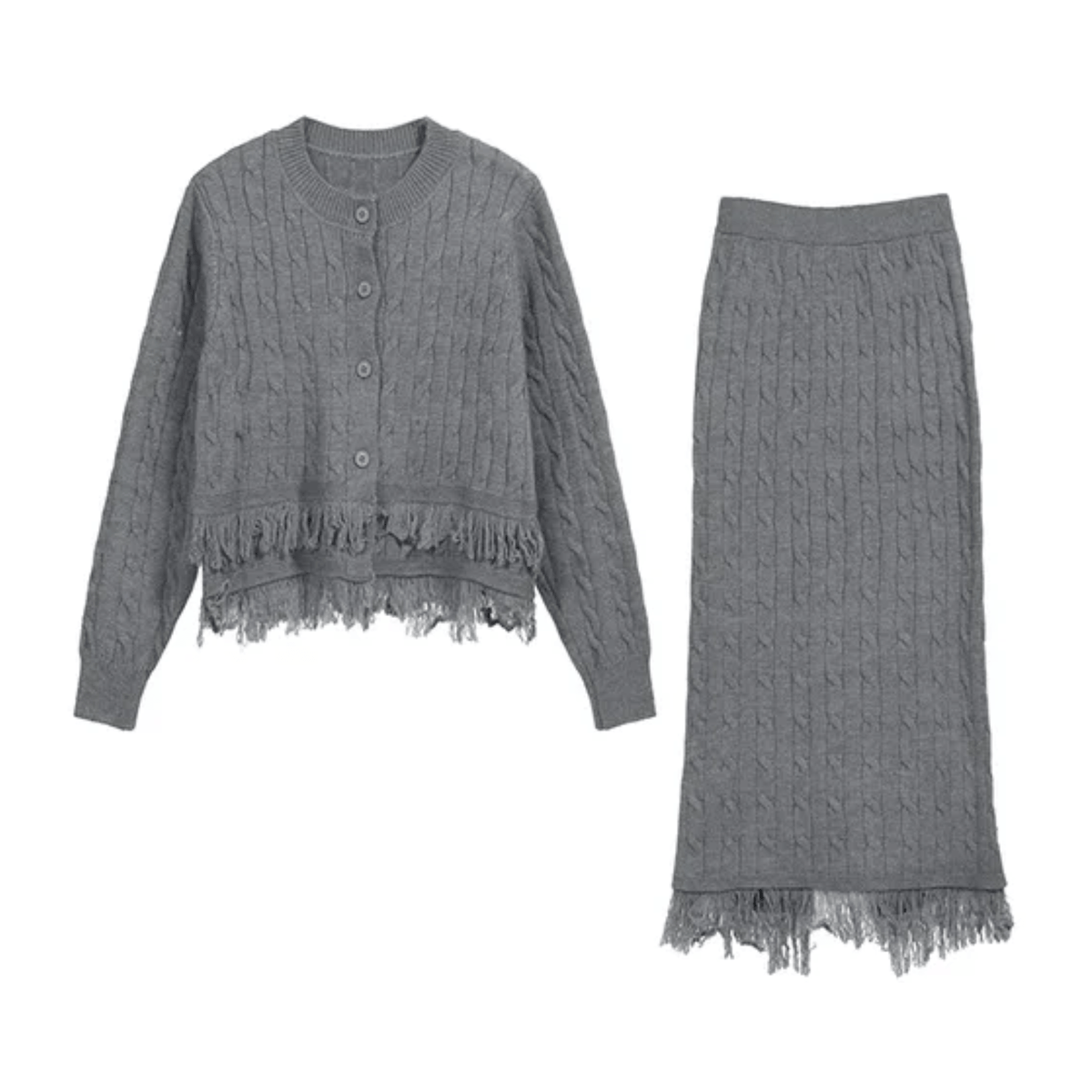 Fringe Sweater+Midi Skirt Knit Set