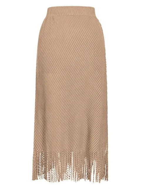 Fringed Bottom Pleated Midi Skirt