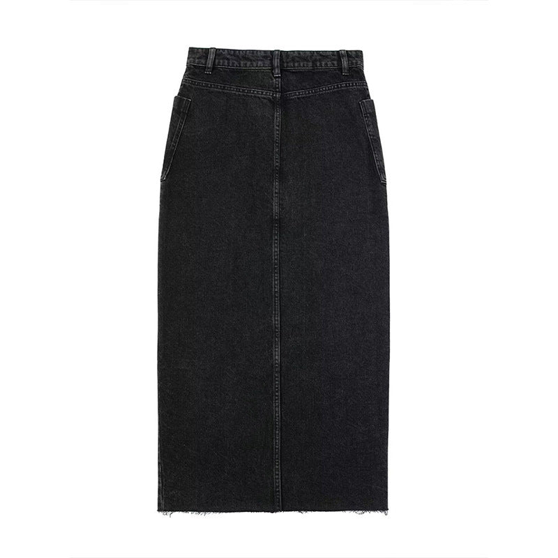 Front Slit Denim Midi Skirt