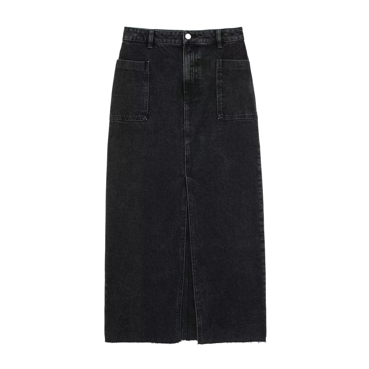 Front Slit Denim Midi Skirt