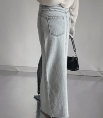 Front Slit Washed Denim Skirt