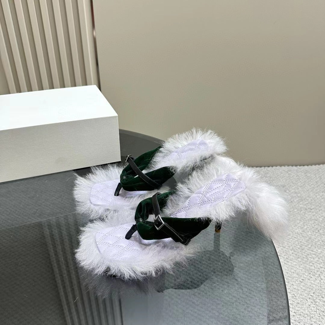 Fur Edging High Heels Sandals