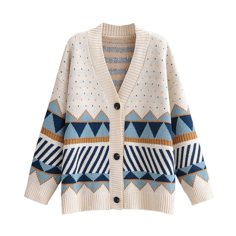 Geometric Button-Up Knit Sweater