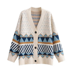 Geometric Button-Up Knit Sweater