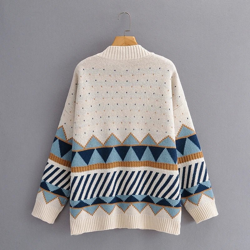 Geometric Button-Up Knit Sweater