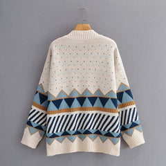 Geometric Button-Up Knit Sweater