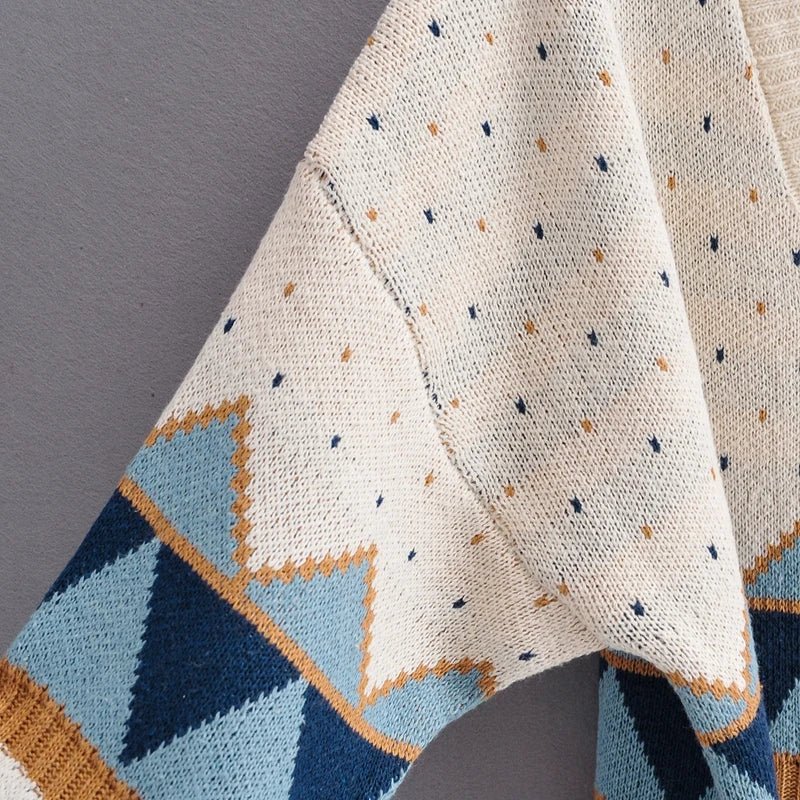 Geometric Button-Up Knit Sweater