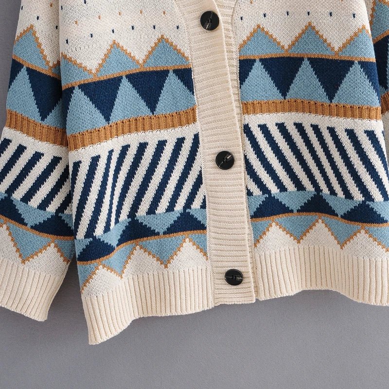 Geometric Button-Up Knit Sweater