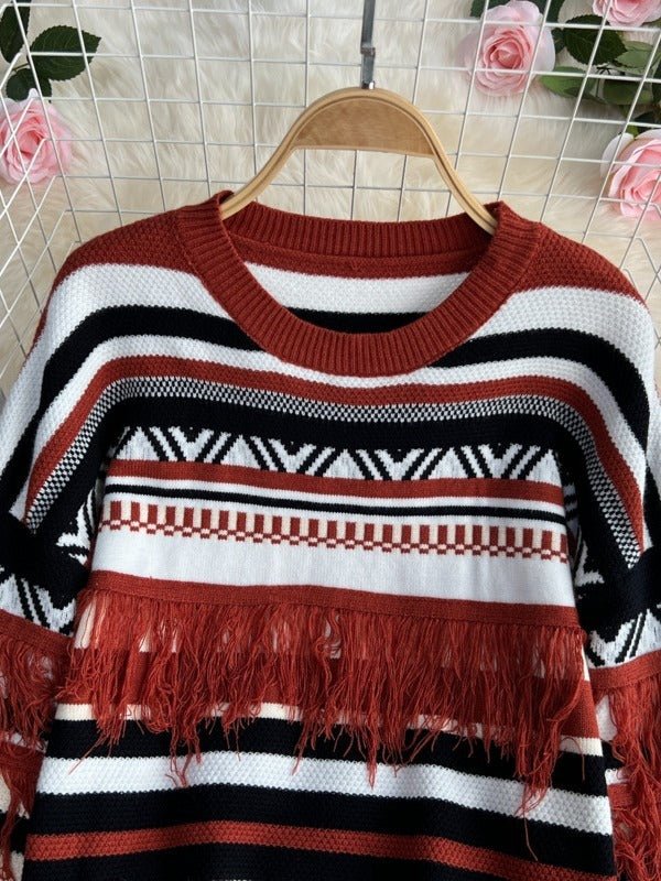 Geometric Striped Tassel  Knit Sweater